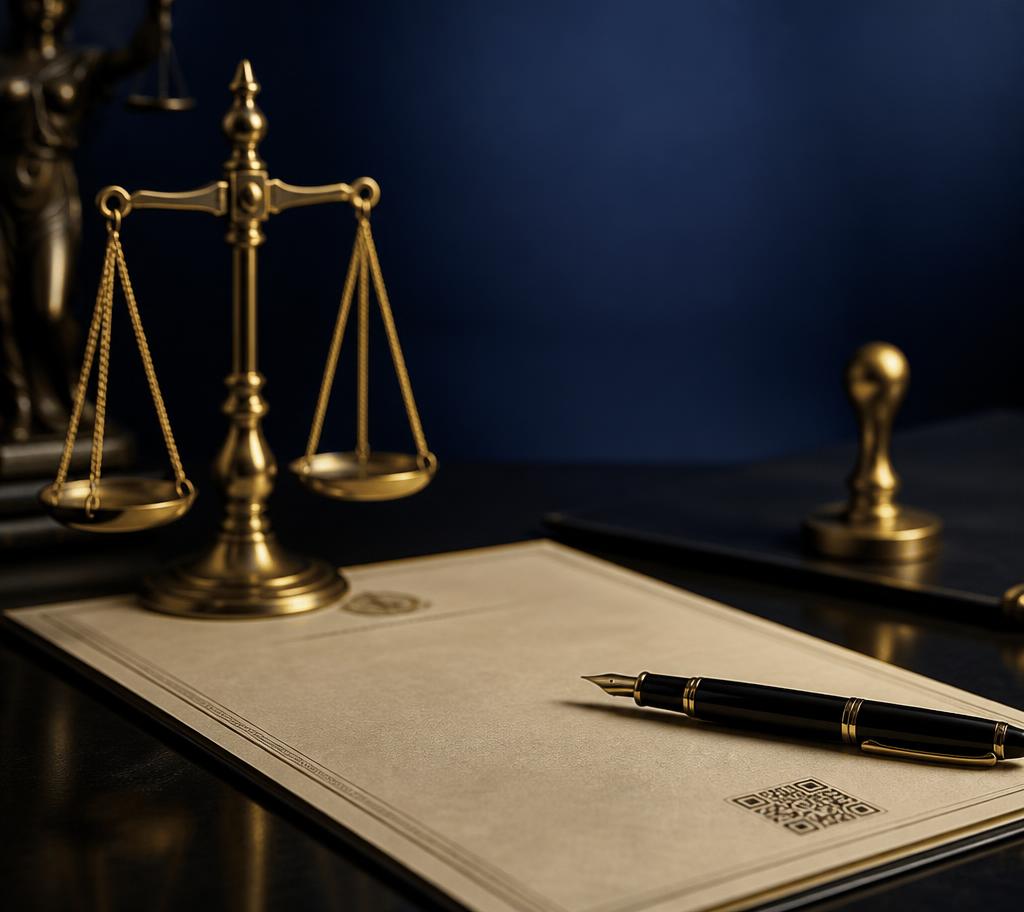 Balanza de justicia sobre documento legal firmado